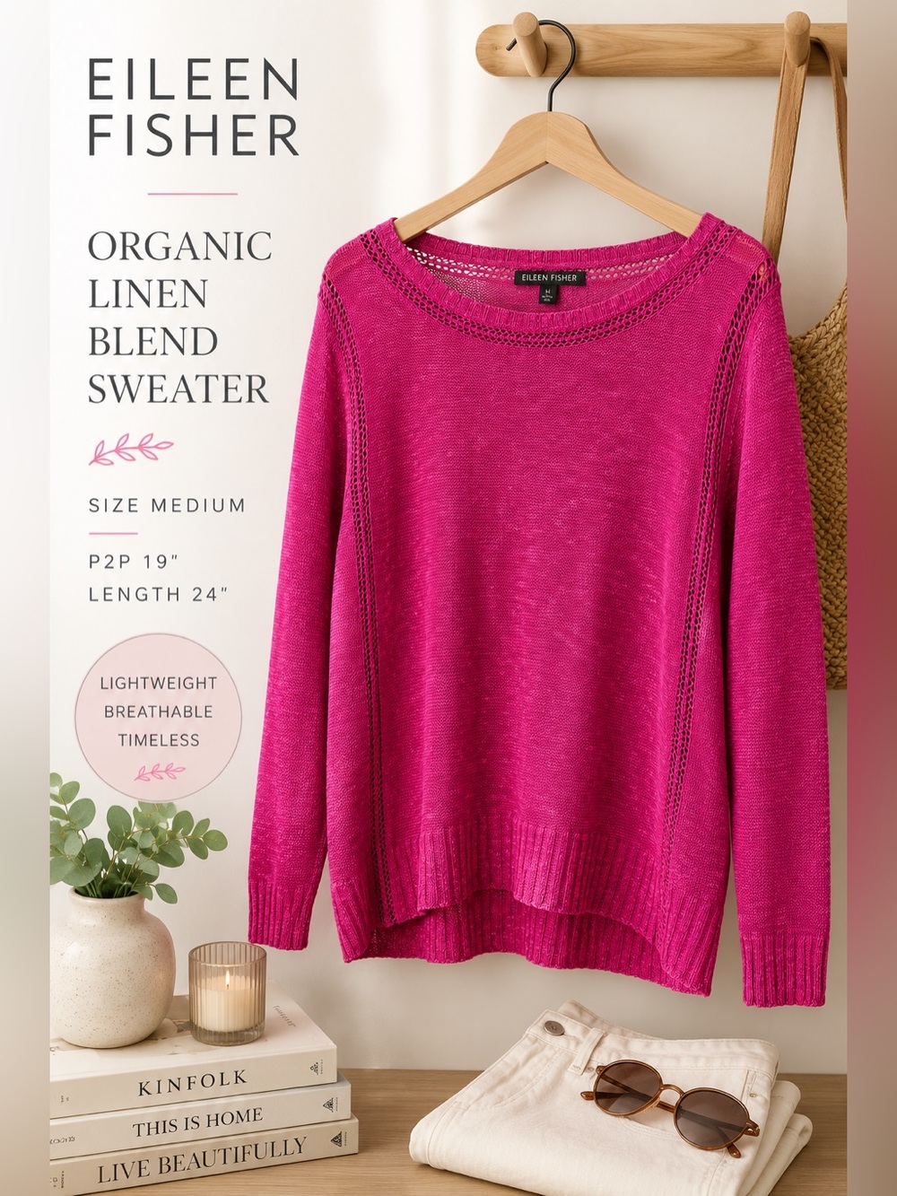 Eileen Fisher Organic Linen Blend Fuchsia Open Knit Sweater Size M